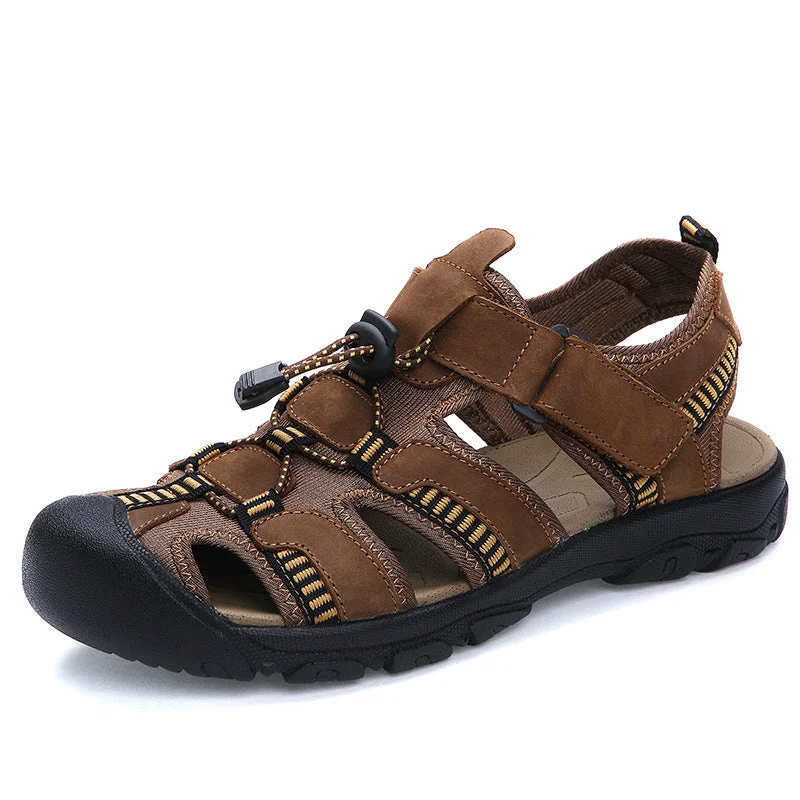 Men's water shoes beach ready-Men's Leather Closed Toe Summer Beach Sandals