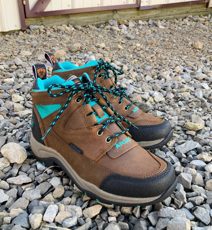 Men's work shoes waterproof navy-Ariat Women's Terrain H2O Waterproof Weathered Brown & Turquoise Lace Up Shoe 10042538