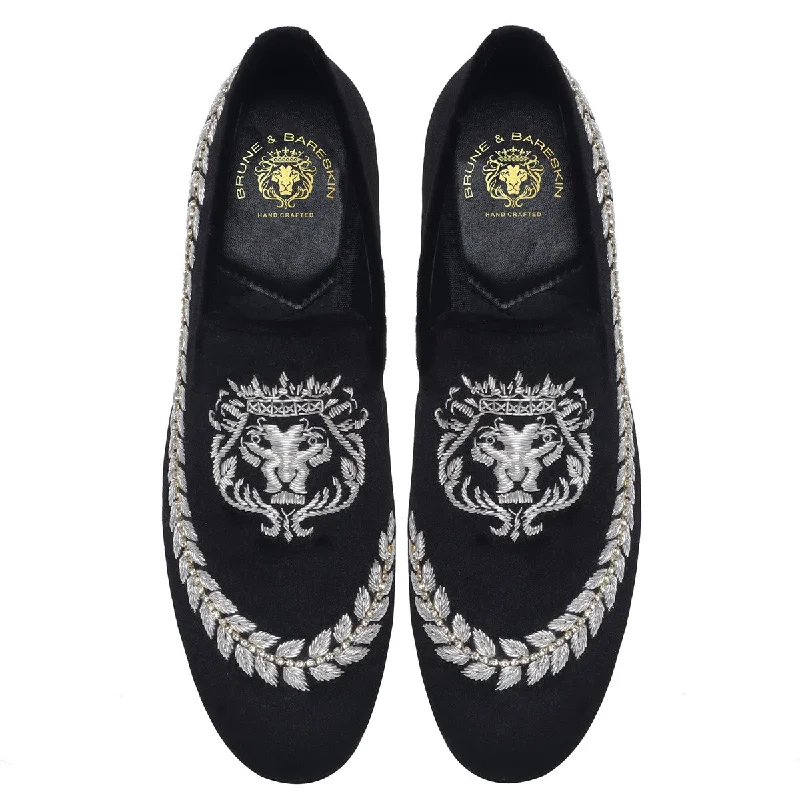 Unisex leather shoes stylish navy-Black Slip-On Shoes with Hand Zardosi Silver Lion Stem Design