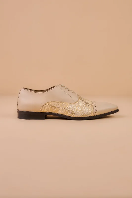 Unisex leather shoes polished white-Beige Leather Brogue With Brocade Detailing