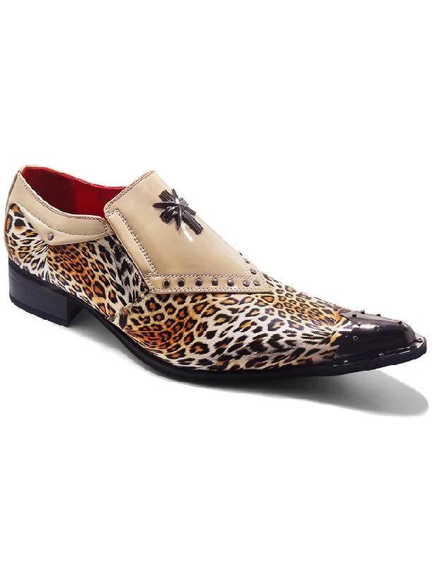 Unisex leather shoes versatile tan-BEIGE PATENT LEOPARD PRINT LOAFER METAL TOE CAP