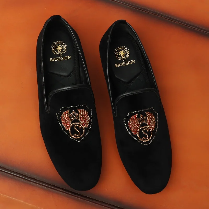 Unisex leather shoes formal black-Bespoke Black Velvet Slip-Ons Emblem made with Eagle Wings Handmade Zardosi With Name Initial by Brune & Bareskin