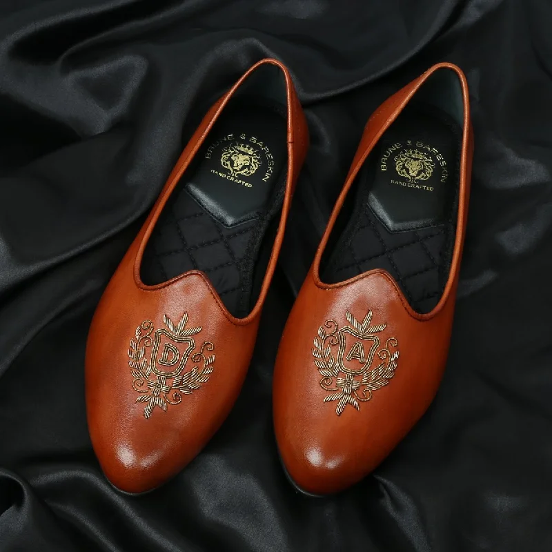 Unisex leather shoes sleek white-Bespoke "DA" Initial Men's Tan Leather Royal Crest Zardosi Jalsa By Brune & Bareskin