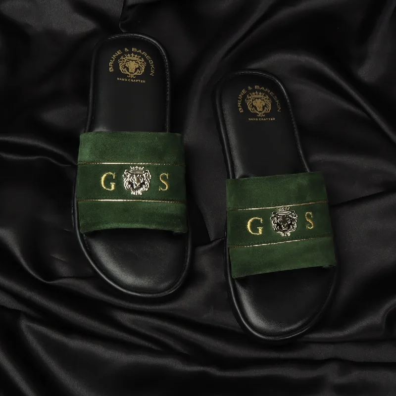 Unisex leather shoes sleek gray-Bespoke Green Suede Leather Customized Slide-In-Slippers With Signature Metal Lion and Name Initial embroidery by BRUNE BY BARESKIN