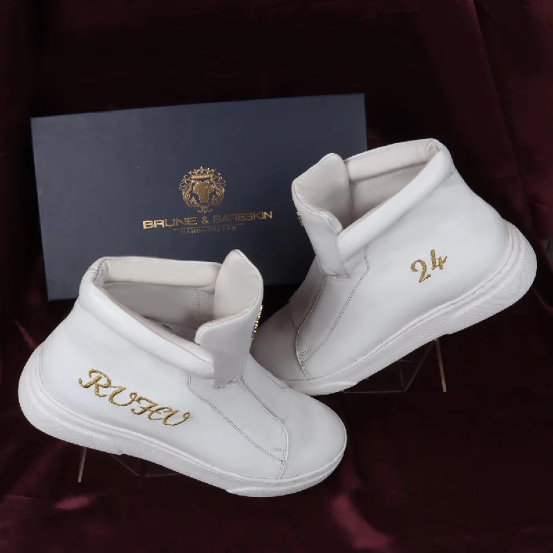 Unisex leather shoes lightweight gray-Bespoke Royal Embroidery Initial White Leather Mid-Top Sneakers With Stretchable Closure by Brune & Bareskin