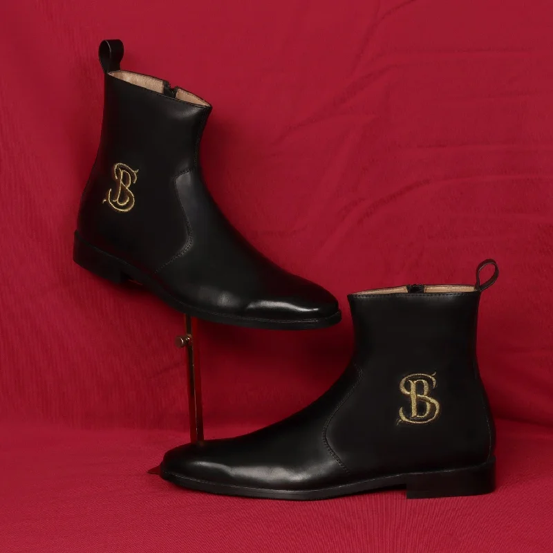 Unisex leather shoes breathable brown-Bespoke "SB" Embroidered Initial High Ankle Hand Made Leather Boots With Rubber Sole By Brune & Bareskin