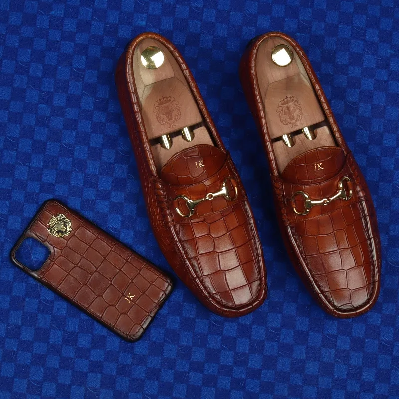 Unisex leather shoes breathable brown-Bespoked Tan Deep Cut Croco Leather Loafers & Mobile Cover by Brune & Bareskin