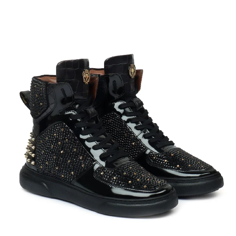 Unisex leather shoes durable black-High Top Patent Leather Sneakers in Black and Golden Rhinestone Beads Zardosi with Golden Stud