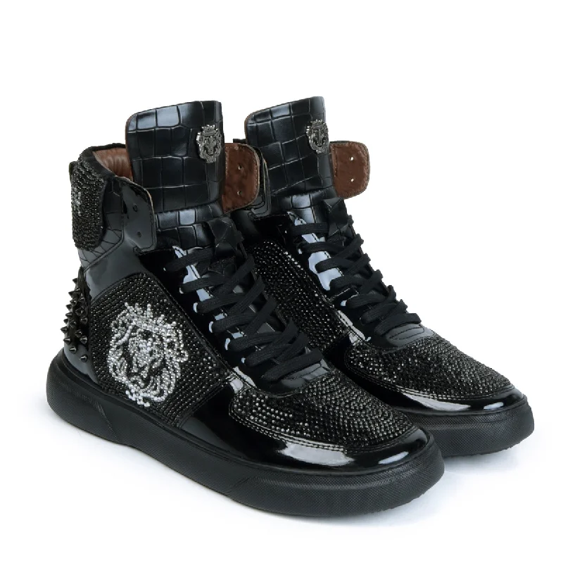 Unisex leather shoes breathable black-Studded Patent Leather Sneakers Black and Silver 'BARESKIN' Lion Face Swarovski Crystal Zardosi