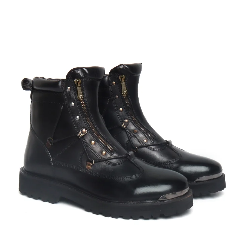 Unisex leather shoes premium black-Black Chunky Boot With New Shape With Metal Plate On Toe