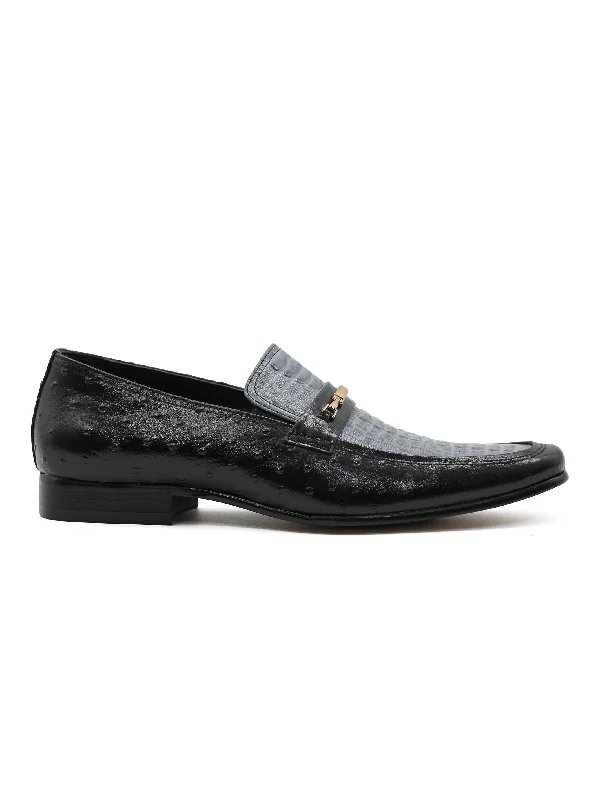 Unisex leather shoes versatile black-BLACK & BLUE LEATHER CROC PRINT LOAFERS