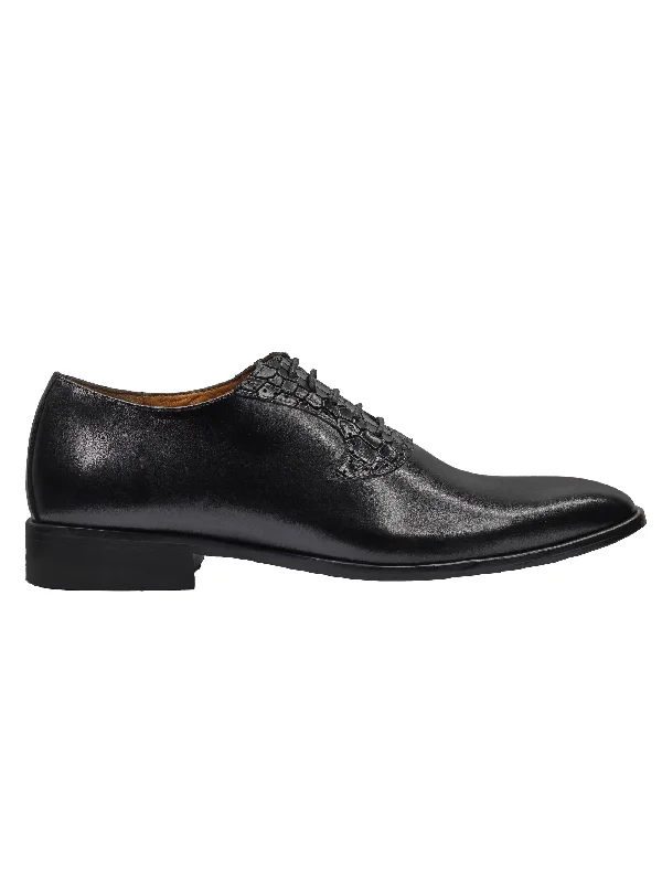 Unisex leather shoes polished brown-BLACK CALF LEATHER CROC PRINT WHOLECUT OXFORDS