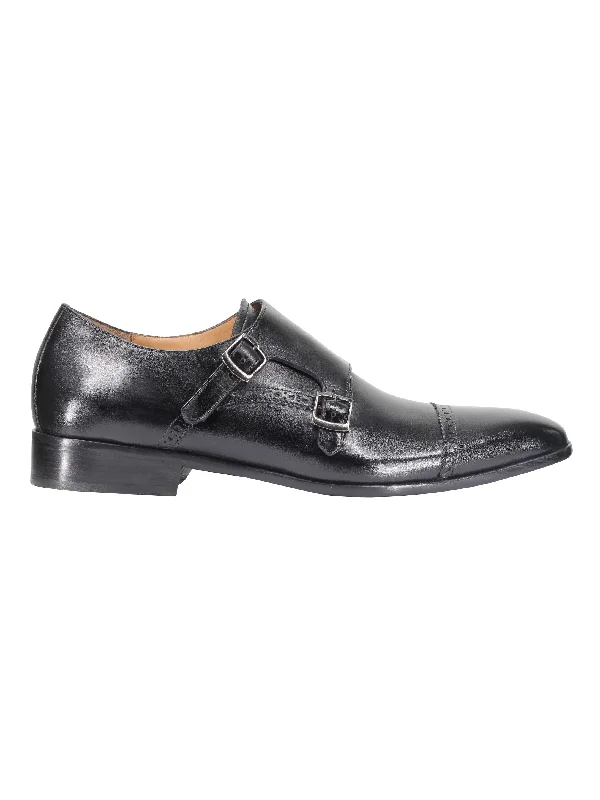 Unisex leather shoes premium gray-BLACK CALF LEATHER SEMI BROGUE MONK SHOES