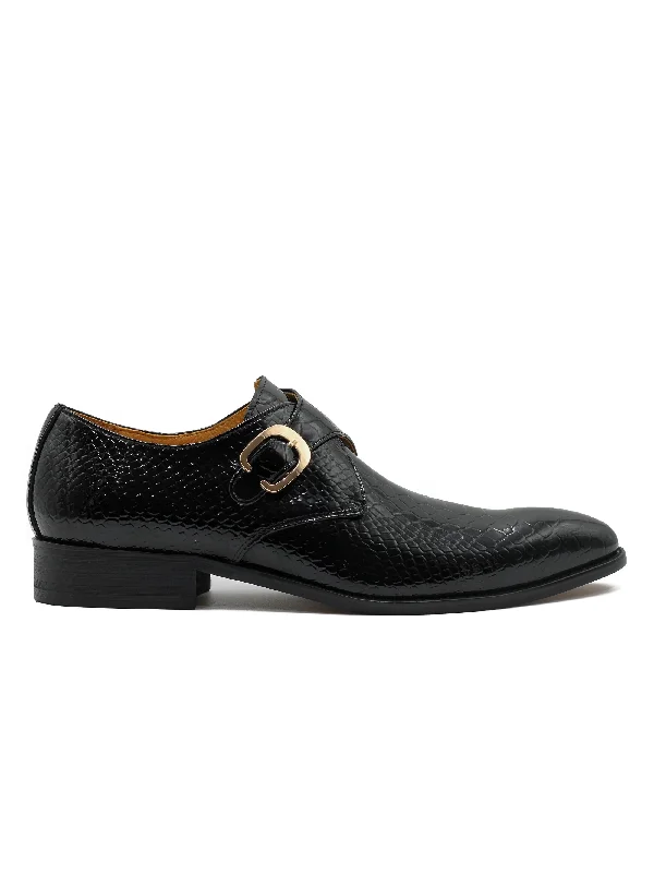 Unisex leather shoes stylish black-BLACK CROC PRINT PATENT LEATHER MONK SHOES