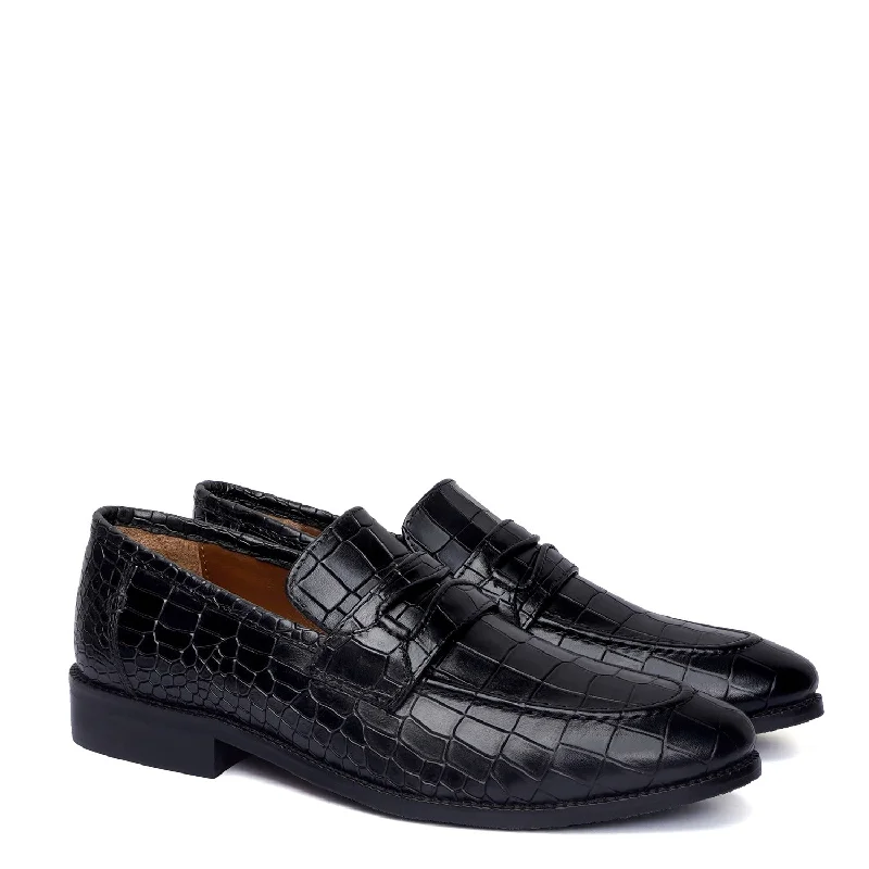 Unisex leather shoes office brown-Black Penny Loafers with Cut Croco Leather