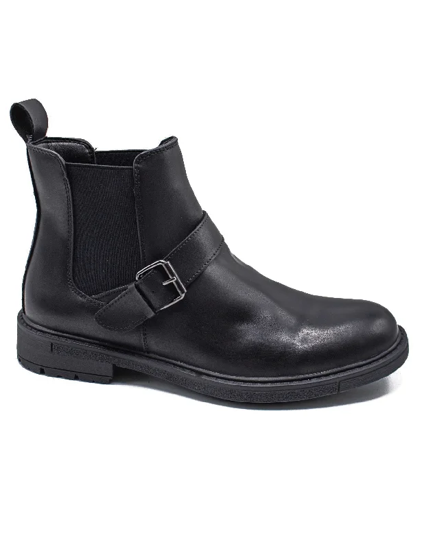 Unisex leather shoes office black-BLACK DEALER BIKER STRAP BOOTS