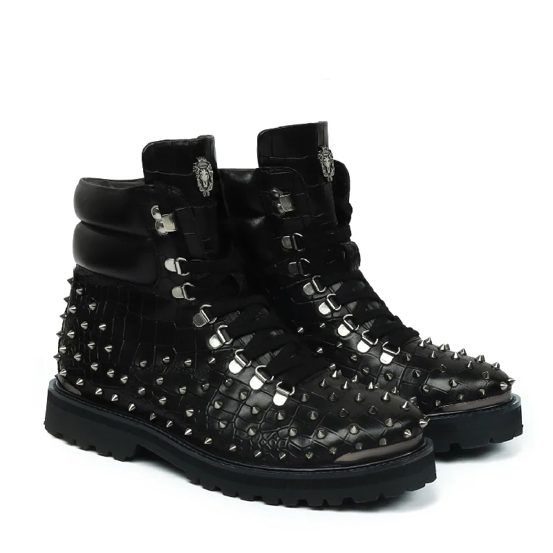 Unisex leather shoes classic black-Ultra Light Weight Biker Boots in Black Deep Cut Leather with silver stud by Brune & Bareskin