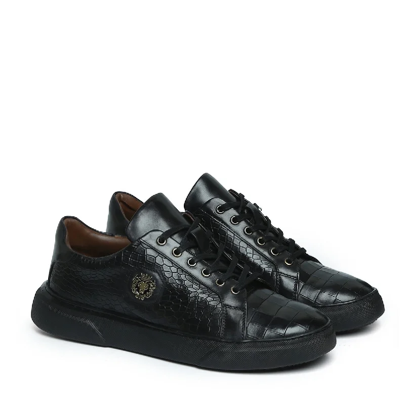 Unisex leather shoes formal black-Black Deep Cut Leather Sneakers with Metal Lion logo on Quarter