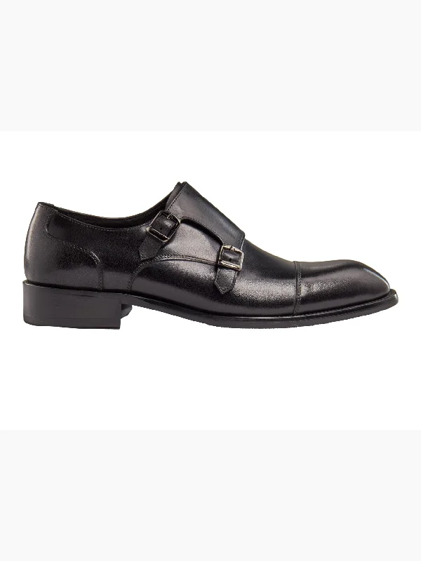 Unisex leather shoes breathable navy-BLACK DOUBLE MONK SHOES