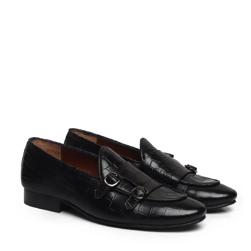 Unisex leather shoes office black-Black Double Monk Strap Deep Cut Leather Slip-On Leather By Brune & Bareskin