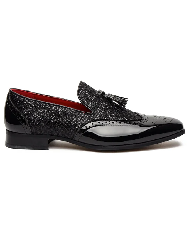 Unisex leather shoes premium suede-BLACK FAUX PATENT LEATHER SHINY GLITTER PARTY TASSEL LOAFER