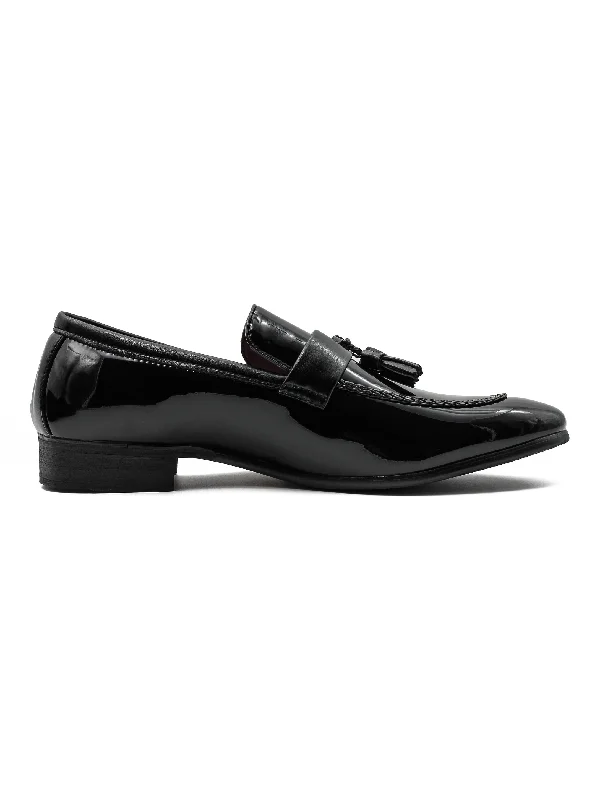 Unisex leather shoes stylish brown-BLACK GLOSSY TASSEL LOAFERS