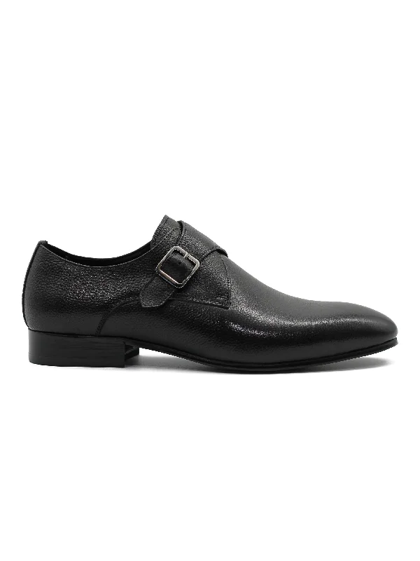 Unisex leather shoes sleek navy-BLACK GRAIN LEATHER MONK STRAP SHOES