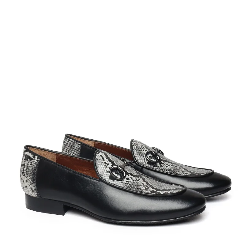 Unisex leather shoes premium brown-Black Horse-bit Leather Loafers With Snake Print at Vamp