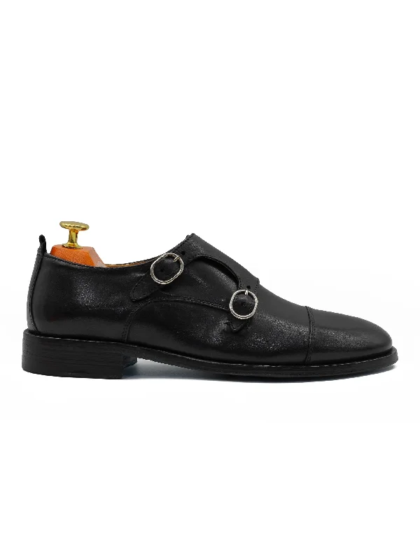 Unisex leather shoes soft black-BLACK ITALIAN CALFSKIN DOUBLE BUCKLE MONK LOAFER