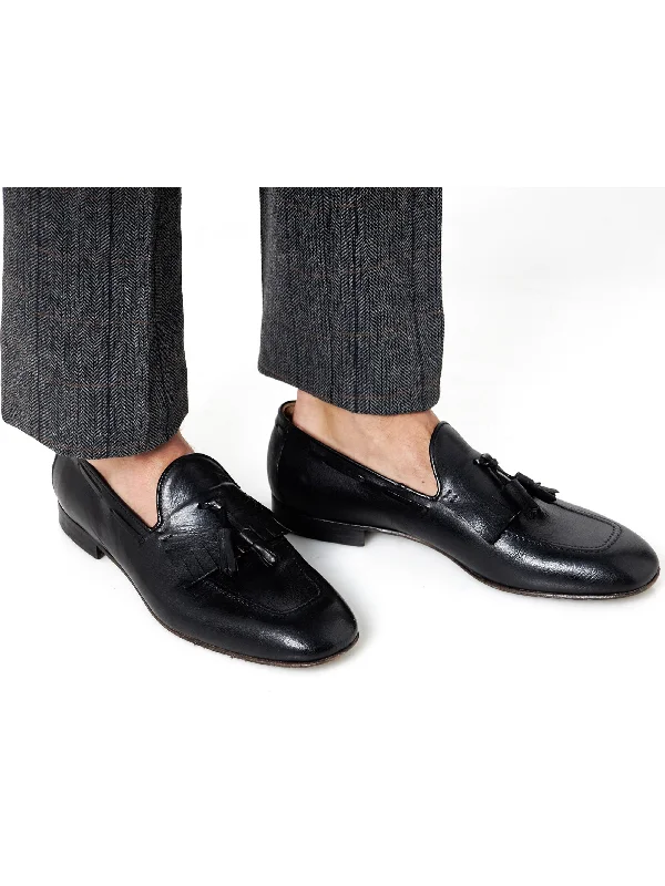 Unisex leather shoes versatile black-BLACK ITALIAN LEATHER COLLAPSIBLE KILTIE TASSEL LOAFER