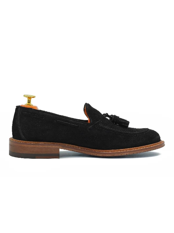 Unisex leather shoes sleek black-BLACK ITALIAN SUEDE TASSEL LOAFER