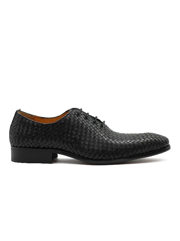 Unisex leather shoes office brown-BLACK LATTICE WOVEN LEATHER SHOES