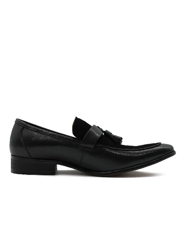 Unisex leather shoes breathable white-BLACK LEAHER & SUEDE TASSEL LOAFER