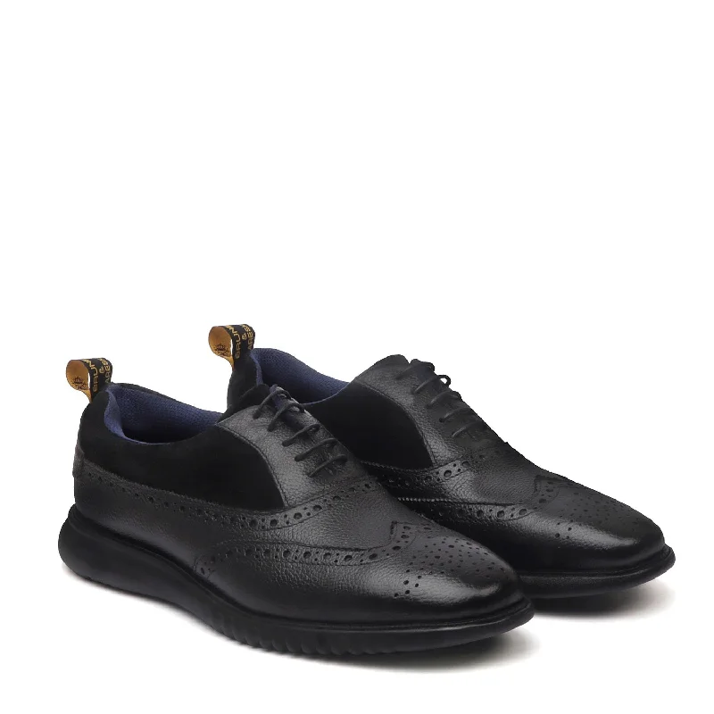 Unisex leather shoes durable white-Light Weight Dress Sneaker in Black Leather Black Velvet Brogue Oxford Shoe For Men by Brune & Bareskin