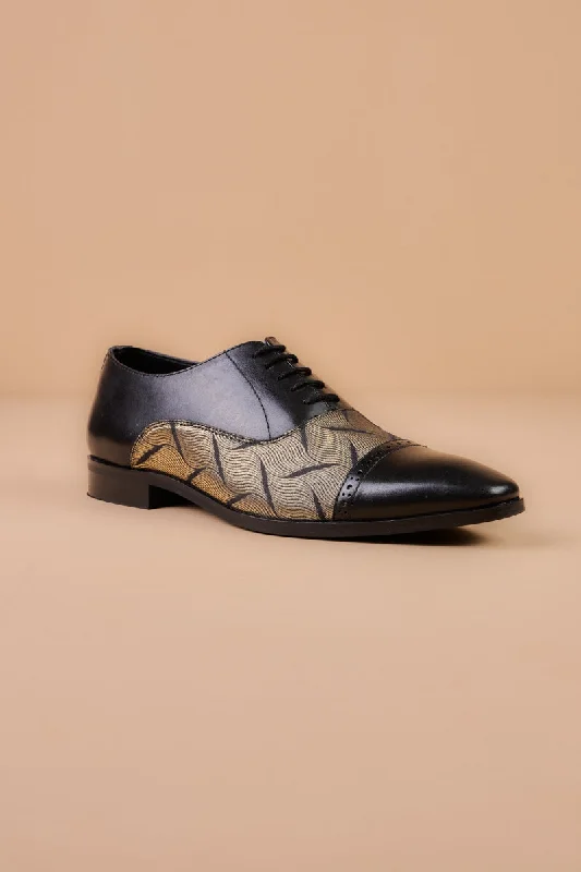 Unisex leather shoes breathable navy-Black Leather Brogue With Brocade Detailing