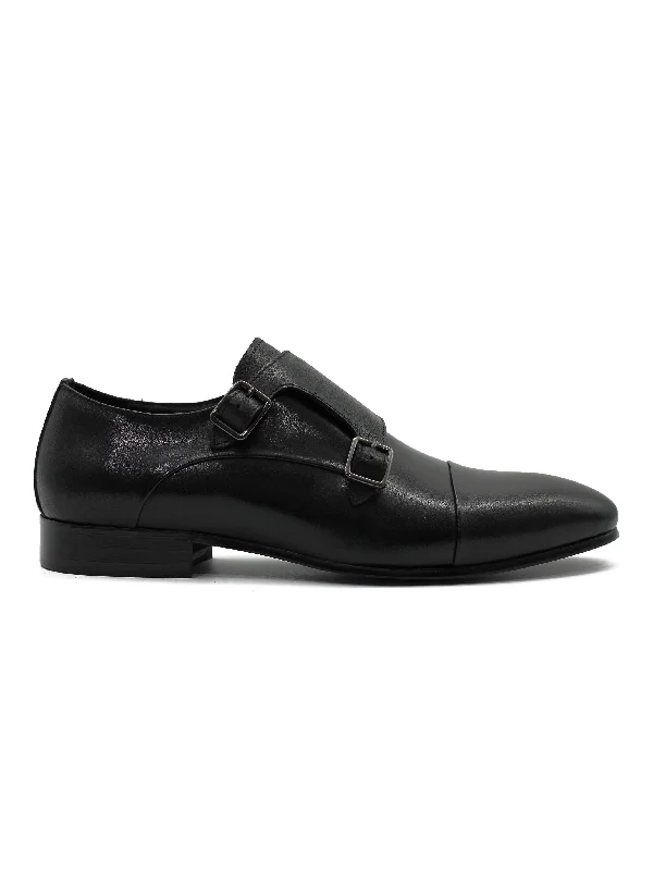 Unisex leather shoes versatile gray-BLACK LEATHER DOUBLE MONK SHOES