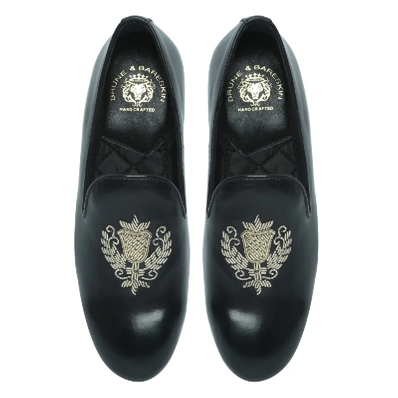 Unisex leather shoes polished white-Ethnic Crest Zardosi Slip-On in Black Leather By Brune & Bareskin