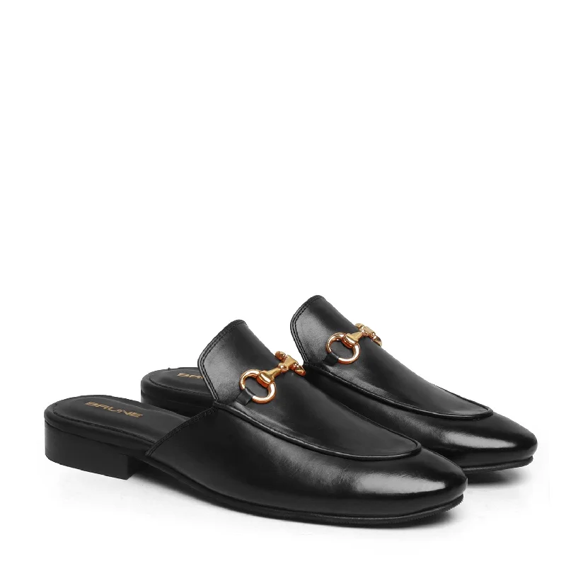 Unisex leather shoes versatile black-Black Leather Horsebit Formal Mules With Slipper Opening at The Back (Summer Special) By Brune & Bareskin