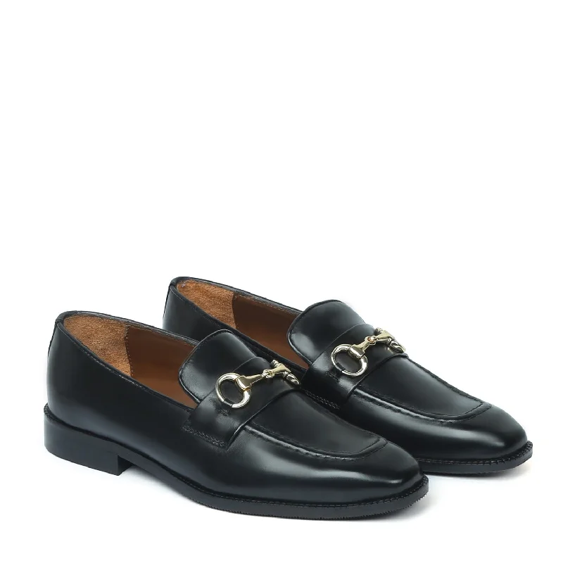 Unisex leather shoes polished navy-Black Leather Penny Loafers with horse-bit buckle