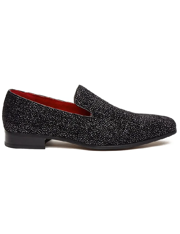 Unisex leather shoes soft cushion-BLACK LEATHER LINED SILVER GLITTER PARTY LOAFERS