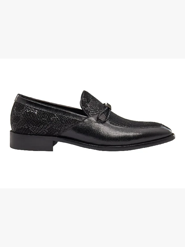 Unisex leather shoes polished tan-BLACK LEATHER PRINTED LOAFERS