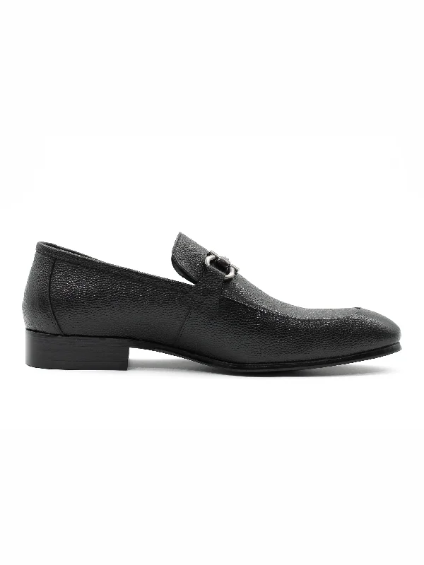 Unisex leather shoes polished black-BLACK LEATHER SNAFLE BIT BUCKLE LOAFERS