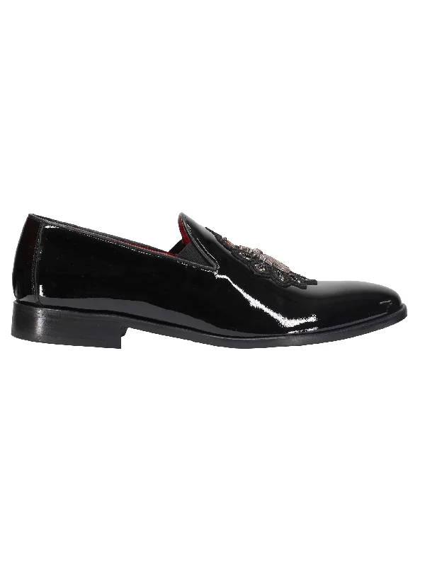 Unisex leather shoes office gray-BLACK LEATHER SOLE SHOES WITH EMBROIDERY CROWN & BEE