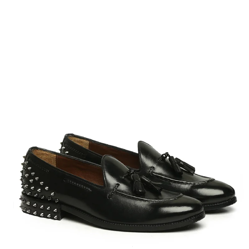 Unisex leather shoes premium suede-Black Leather Studded Back Side Lacing Tassel Loafers By Brune & Bareskin