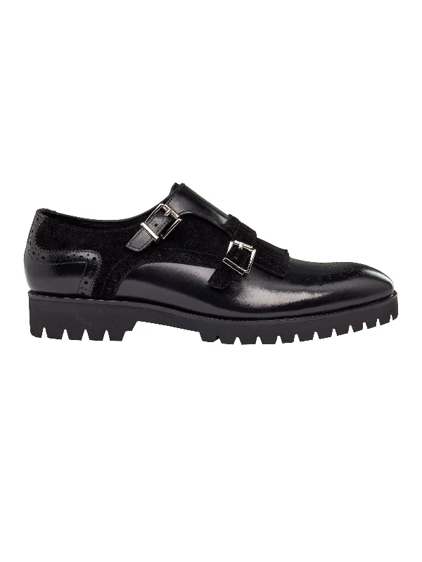 Unisex leather shoes soft leather-BLACK LEATHER & SUEDE DOUBLE MONK SHOES