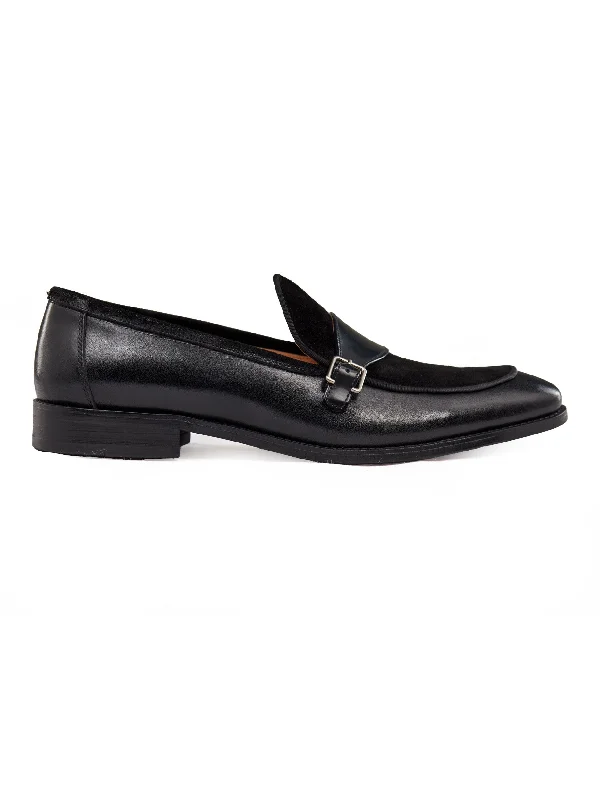 Unisex leather shoes office black-BLACK LEATHER & SUEDE MONK SHOES