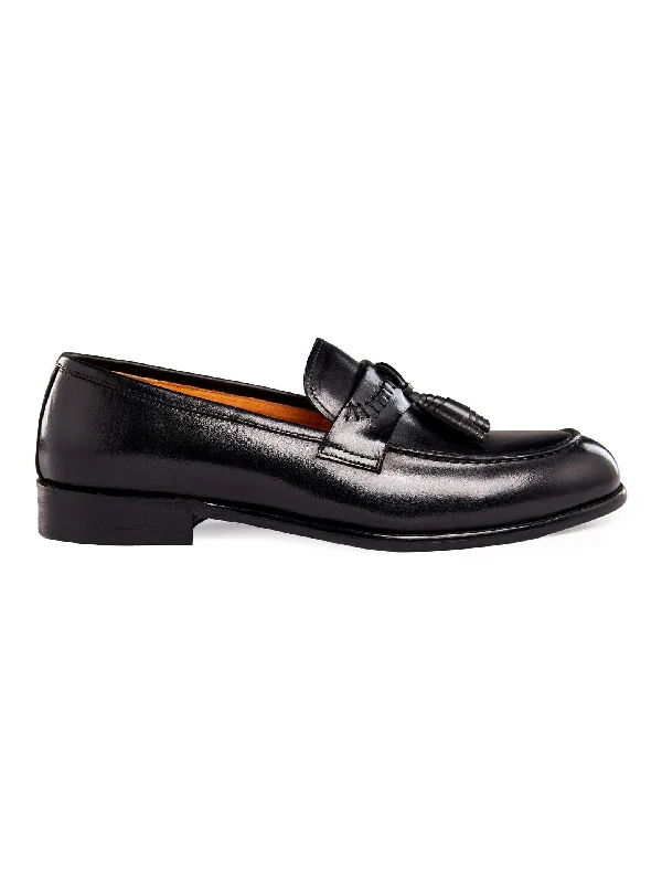 Unisex leather shoes stylish tan-BLACK LEATHER TASSEL LOAFERS