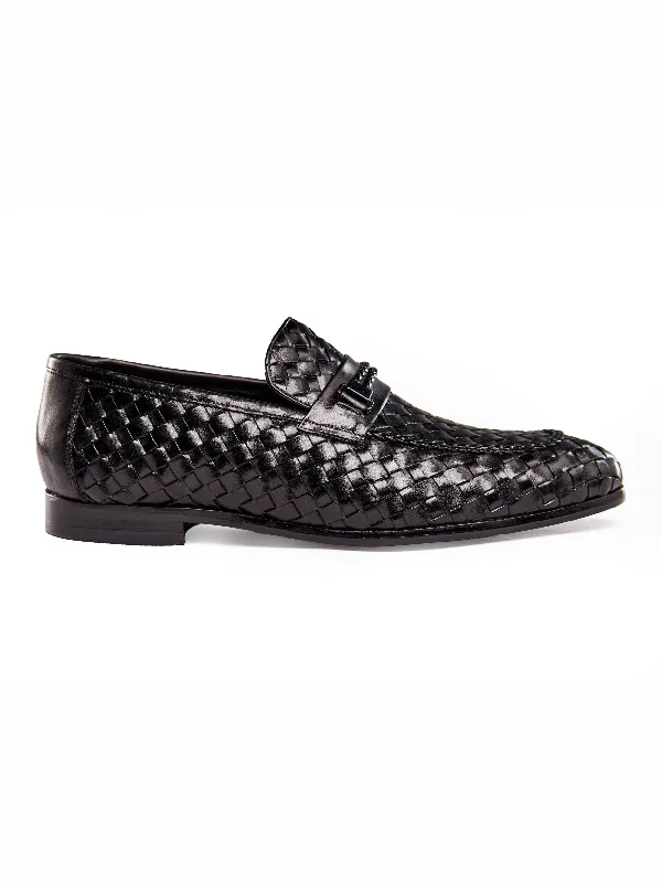 Unisex leather shoes premium navy-BLACK LEATHER WOVEN LOAFERS