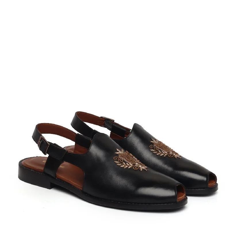 Unisex leather shoes breathable brown-Hand Zardosi Peshawari Sandals with Open Toe Black Leather