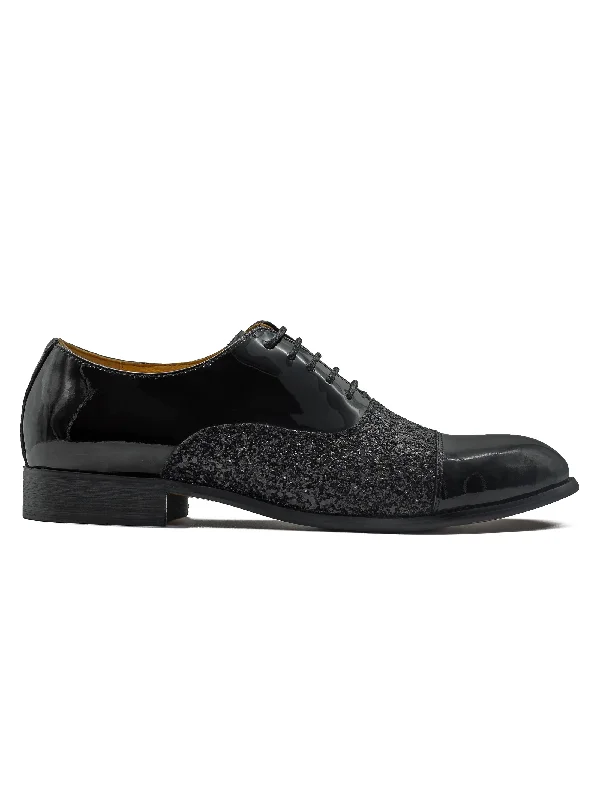 Unisex leather shoes breathable black-BLACK PATENT GLITTER DECOR OXFORDS